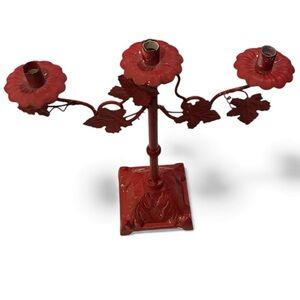 Holiday HEAVY Red Candelabra W/Grapevine  Wrapped Around Candlestick 3 Places